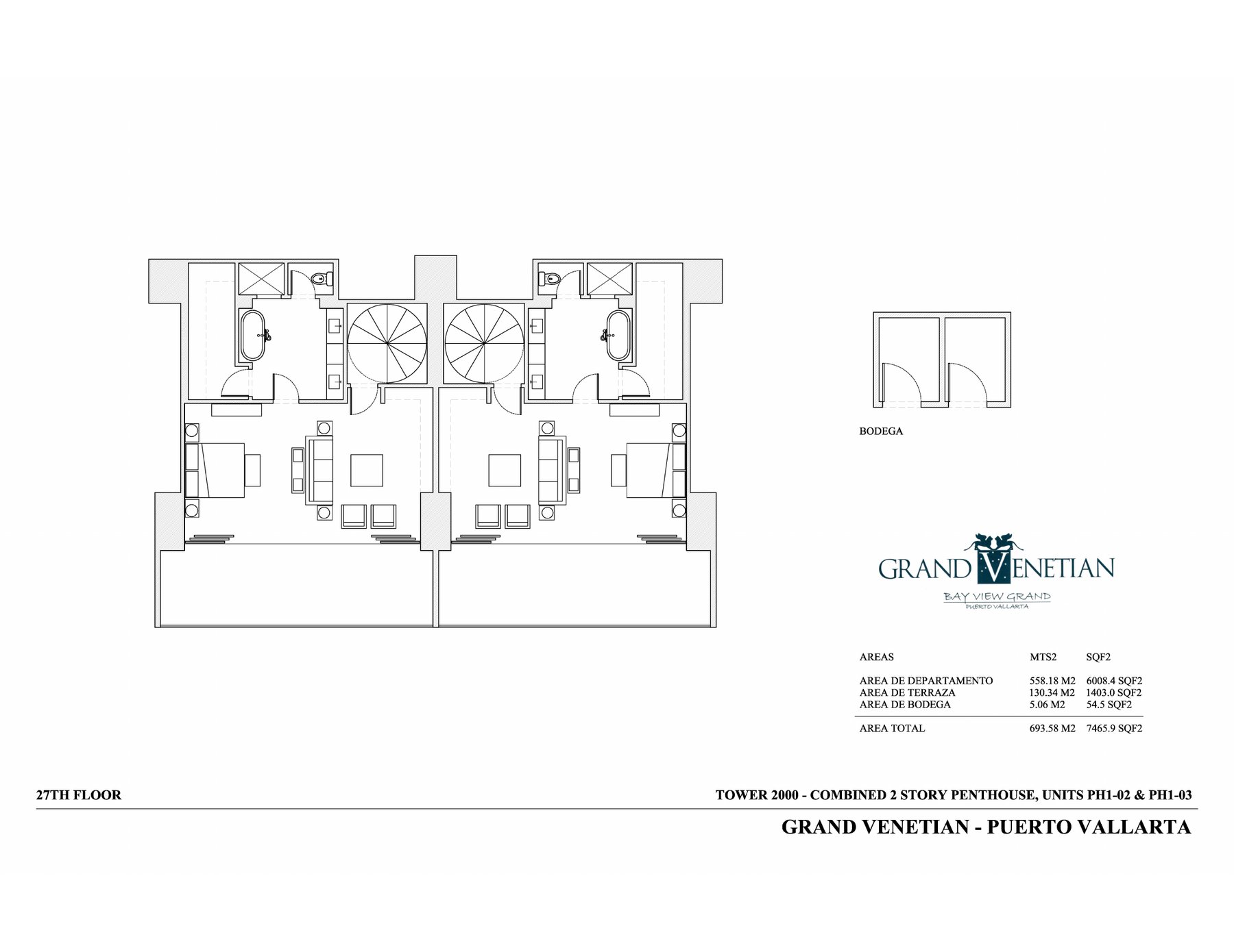 Grand Venetian Tower 2000 combined Floor 27 proposed floor plan, Penthouse 2 and Penthouse 3 merged